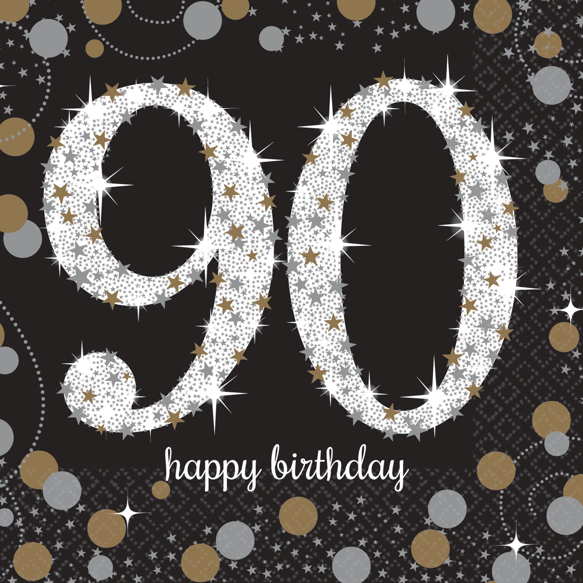 2010x2010 Sparkling Celebration 90 Happy Birthday Square Paper Disposable Beverage Napkins, Black Silver Gold, 5 In, 16 Pk, 2 Ply, For Milestone Birthday