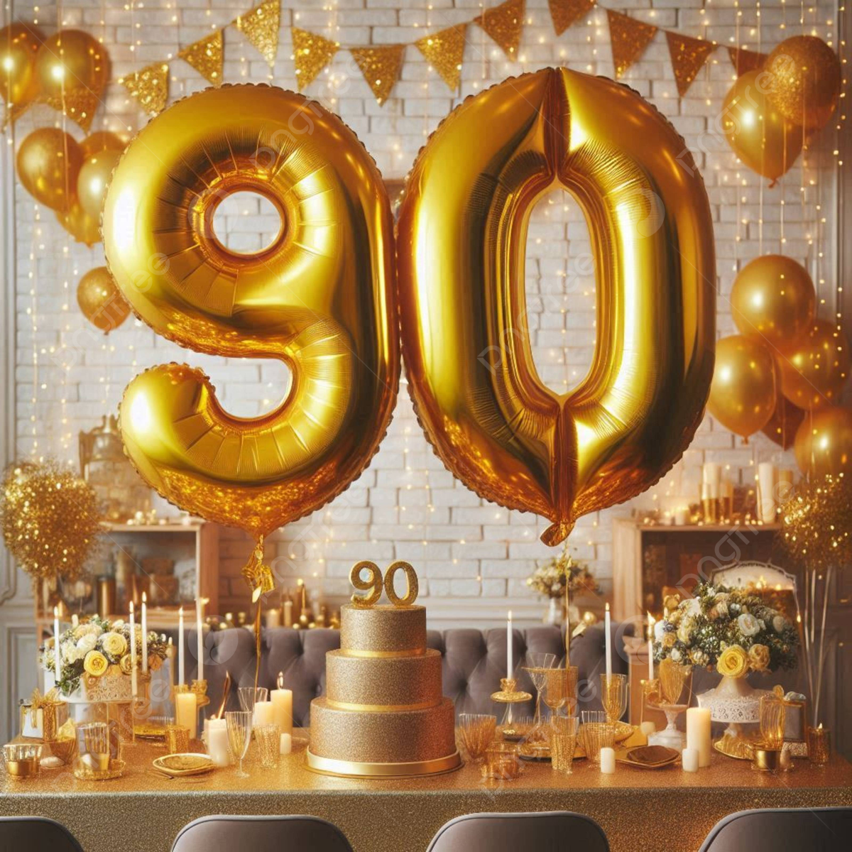 1200x1200 A Festive Gold Themed 90th Birthday Party Featuring, Balloons And Elegantly Arranged Table Decorations, Birthday Party Background Image And Wallpaper for Free Download