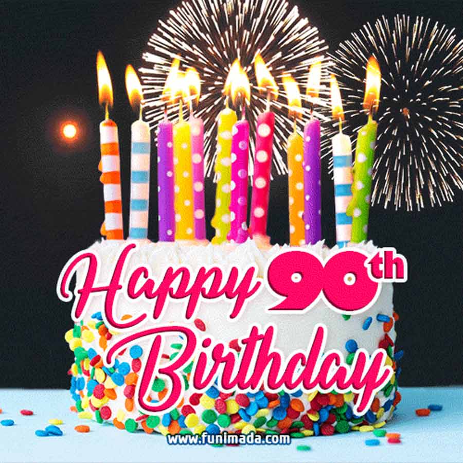 900x900 90th Birthday Greeting Card with a Cake and Fireworks on