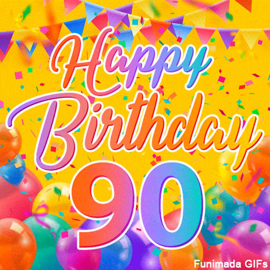 900x900 Festive Happy 90th Birthday GIF with Balloons and Bunting on