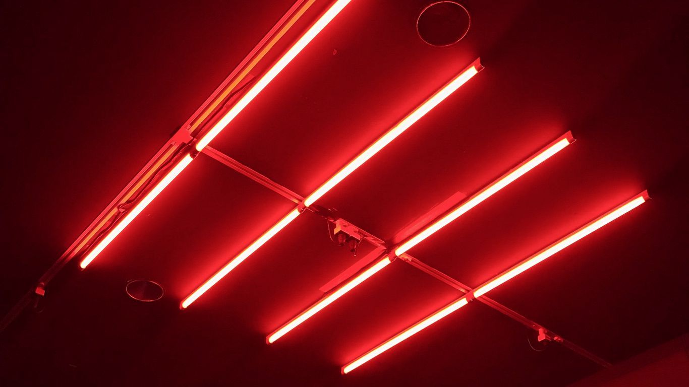 1366x768 Download wallpaper 1366x768 red, neon, glows tablet, laptop HD background