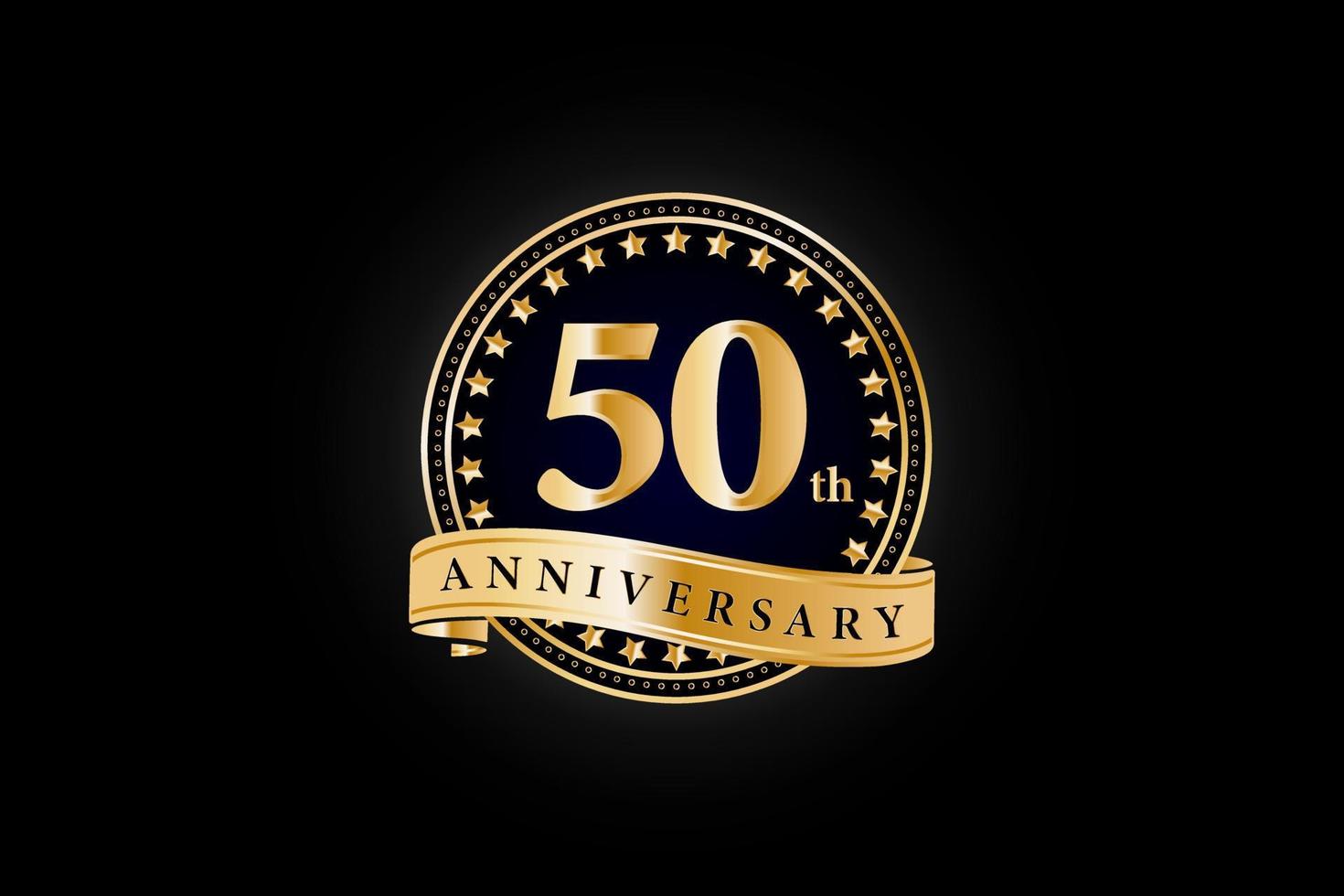 1470x980 50th Anniversary golden gold logo with ring and gold ribbon isolated on black background, vector design for celebration
