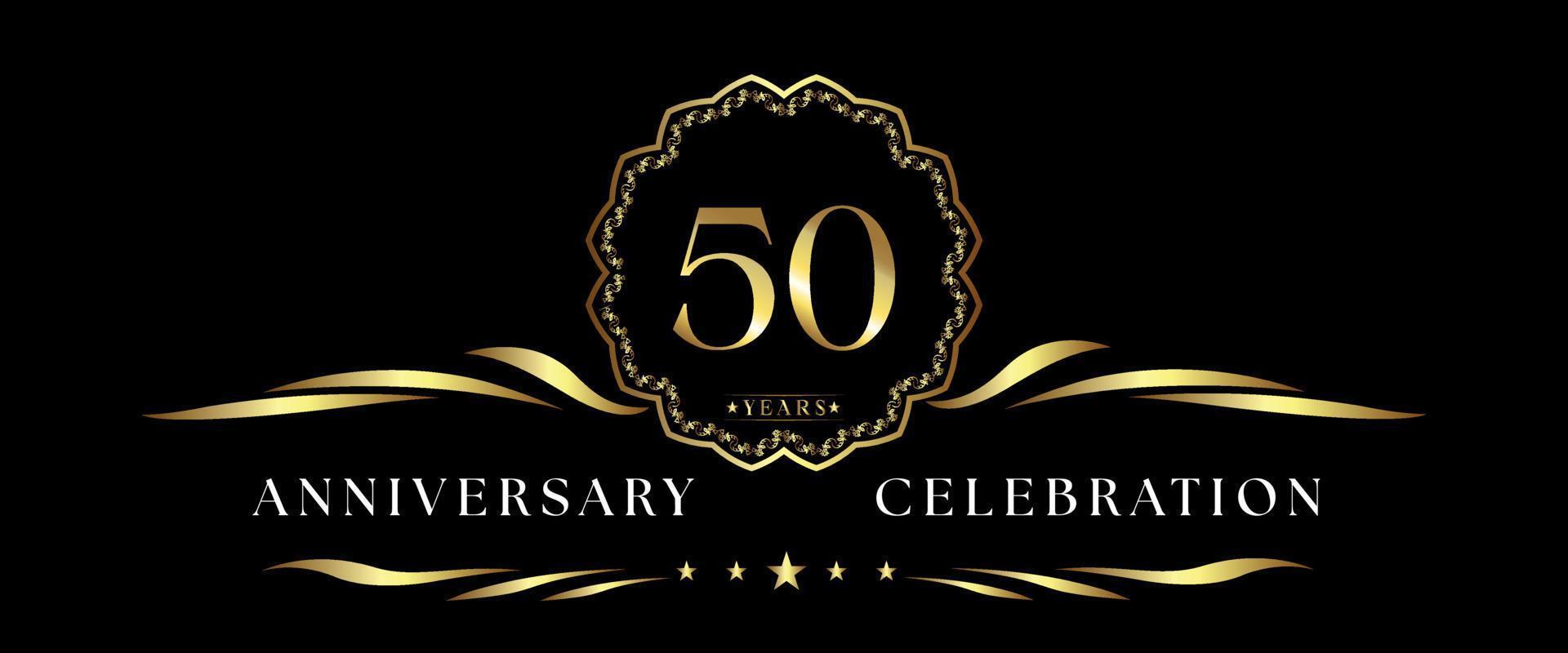 1920x800 years anniversary celebration with gold decorative frame isolated on black background. Vector design for greeting card, birthday party, wedding, event party, ceremony. 50 years Anniversary logo