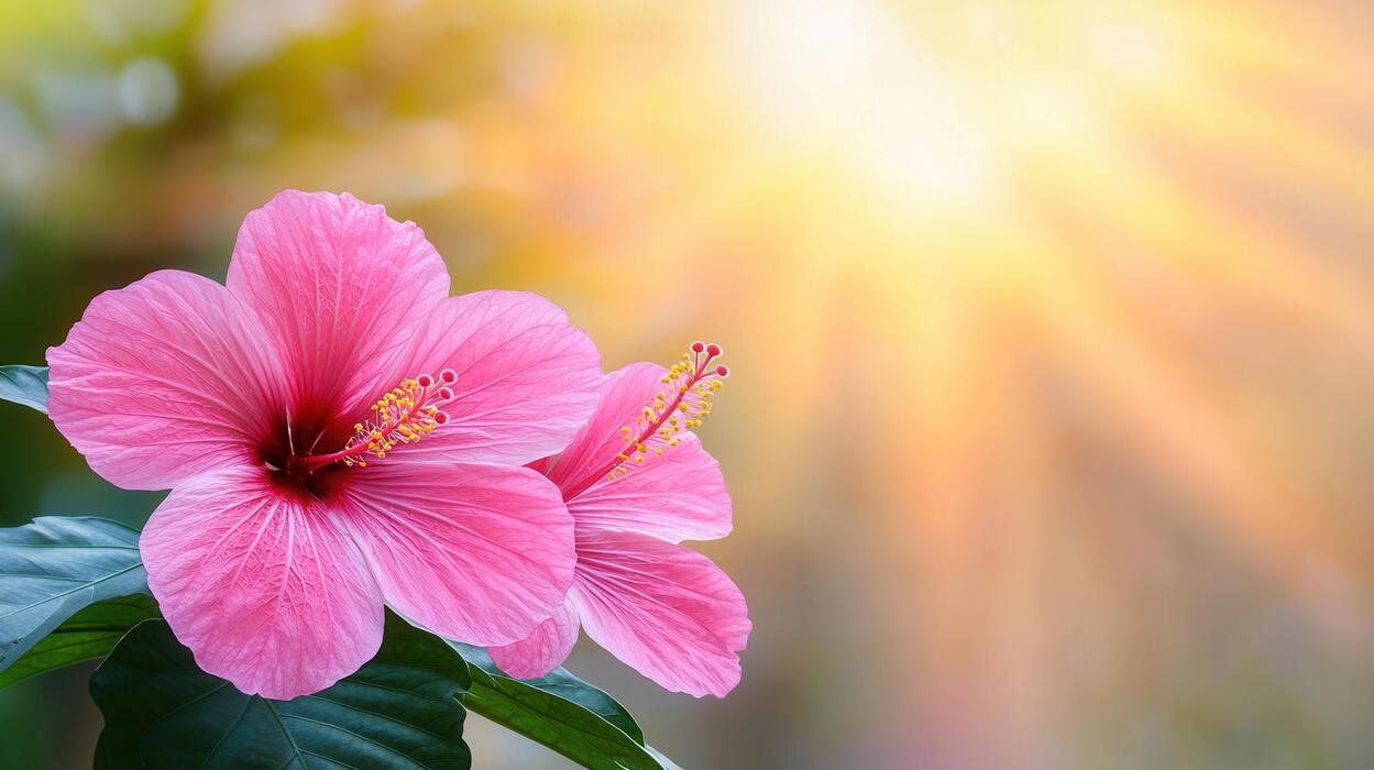 1249x700 Two Delicate Pink Hibiscus Flowers Blooming in Sunlight A Vibrant Nature Image