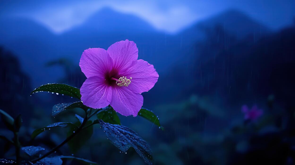 1249x700 A Single Purple Hibiscus Flower in the Rain Against a Dramatic Mountain Background