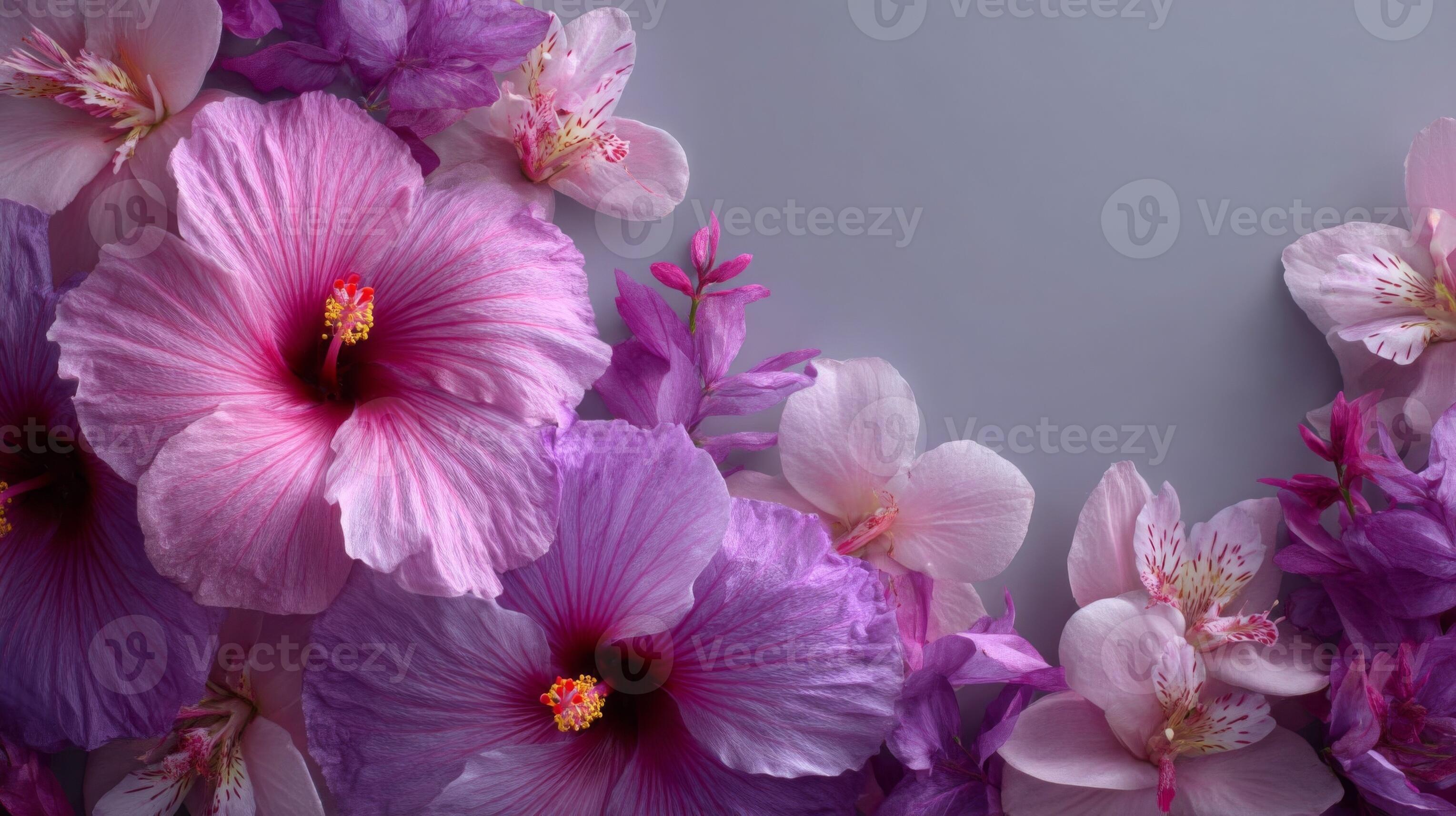 3057x1713 Pink and Purple Hibiscus Flowers on Grey Background