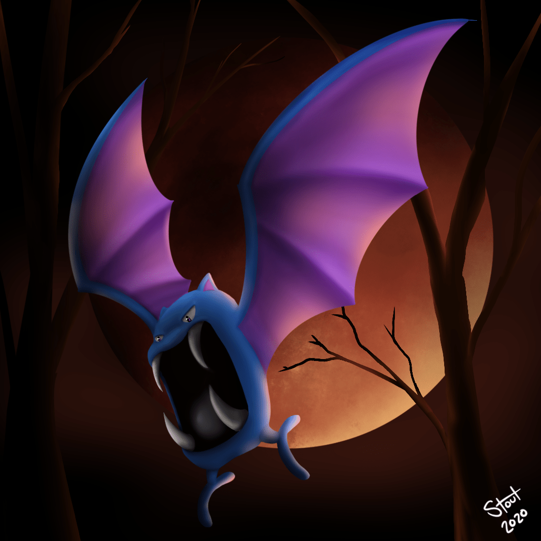 1100x1100 Daily Pokémon Drawing Golbat flying in front of a blood moon