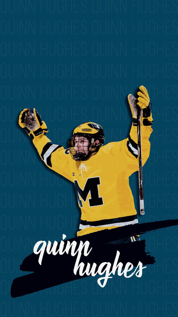 750x1334 Download Quinn Hughes Holding Hockey Stick And Both Hands In The Air Wallpaper
