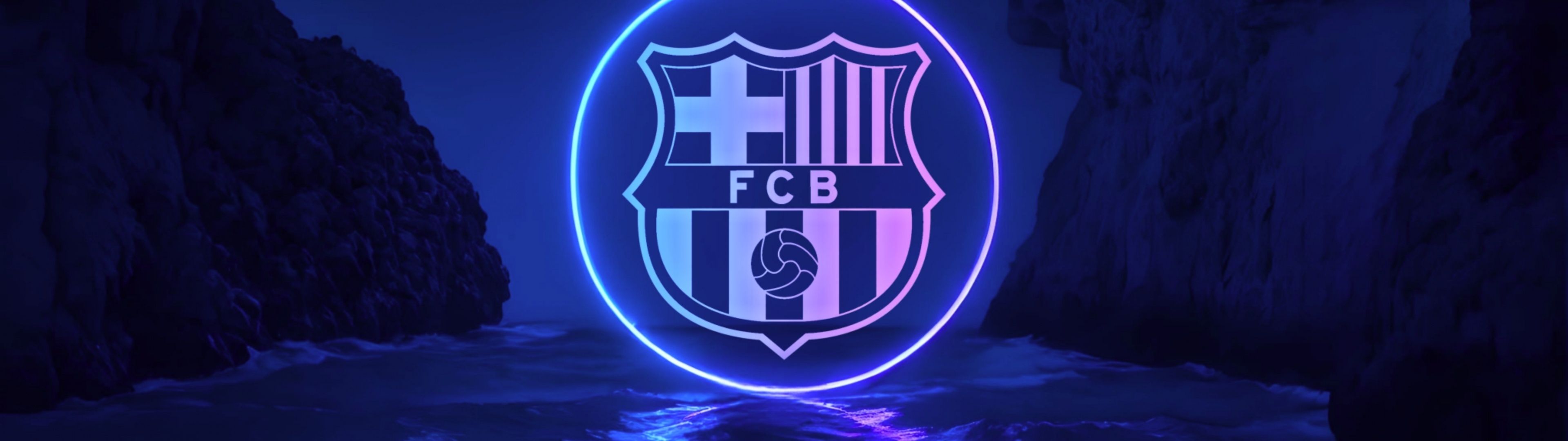 3840x1080 FC Barcelona Wallpaper 4K, Neon logo, Neon glow, Reflection
