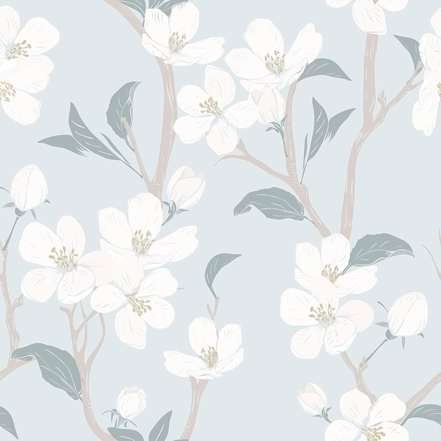 894x894 VaryStyle 17.7x393 Cherry Blossom Wallpaper Light Blue and White Sakura Tree Floral Wallpaper Peel and Stick Decorative Flower Wall Murals