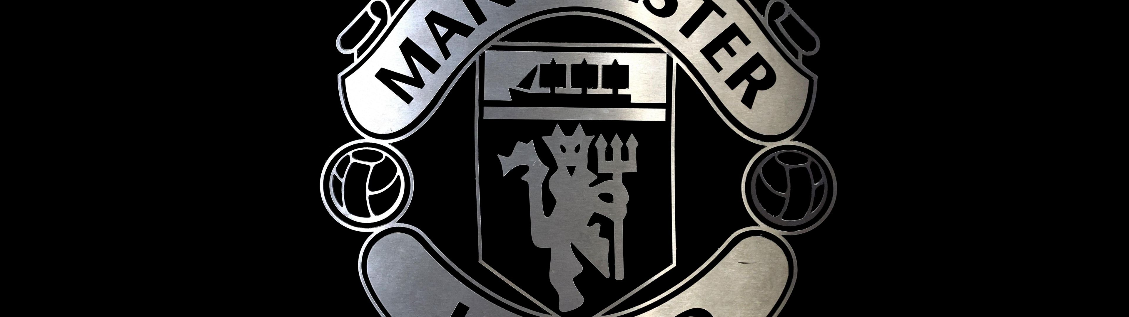 3840x1080 Manchester United Wallpaper 4K, Black and White, Monochrome, Logo
