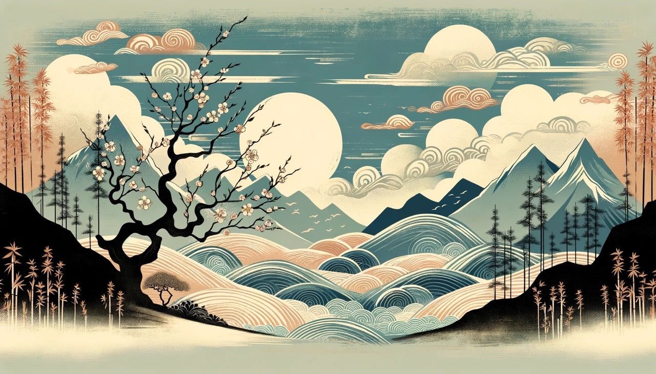 1280x731 Japanese Zen Mural Wallpaper. Aged Design with Mountain and Sakura