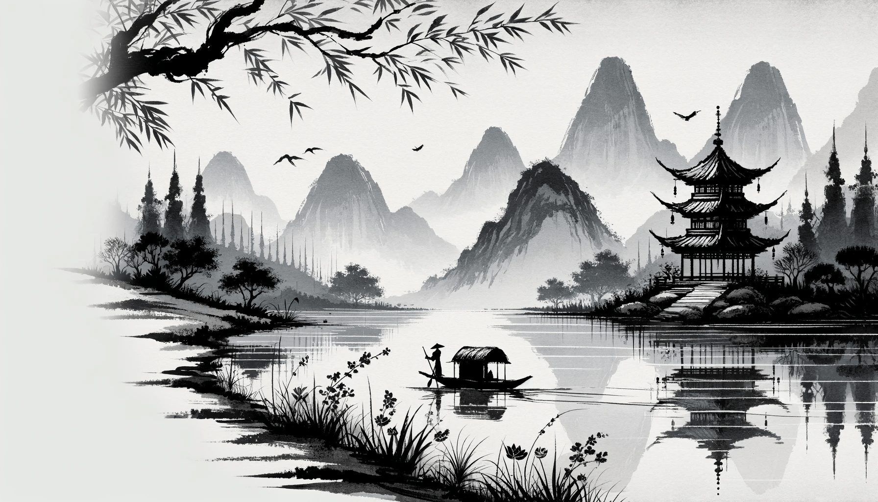 1792x1024 Japanese Zen Mural Wallpaper. Black and White Painting of a Mountain