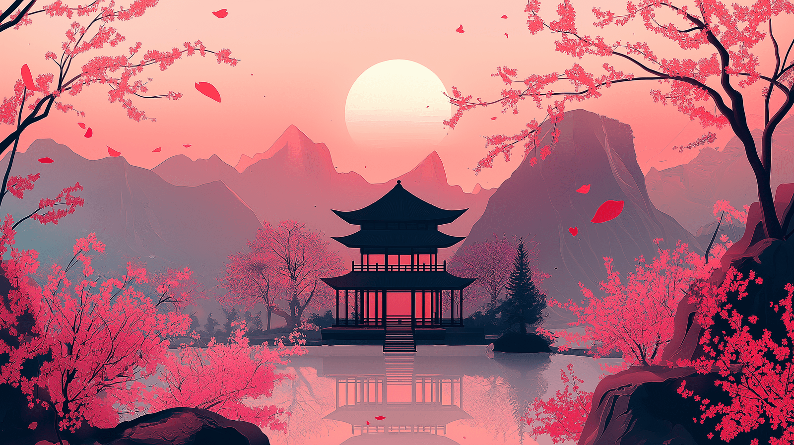 1600x897 Mural Wallpaper zen garden. Pagoda surrounded by cherry blossoms and