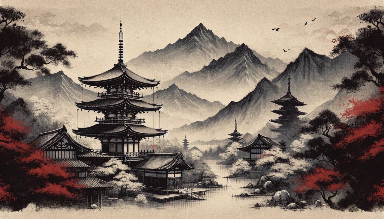 1280x731 Japanese Zen Mural Wallpaper. Black and Red Ambiance with Lake and Temple