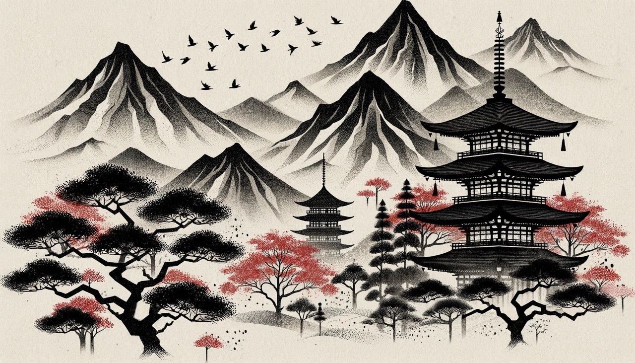 1280x731 Japanese Zen Mural Wallpaper. Temple, Birds, and Mountains in Black a