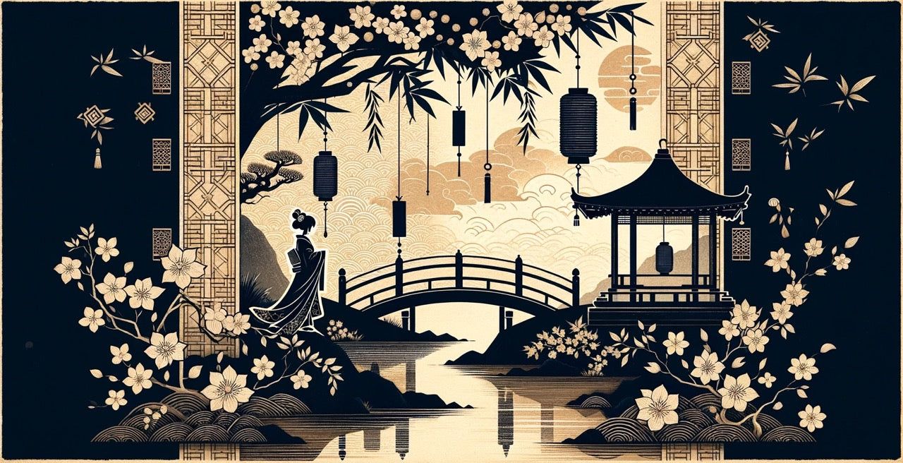 1280x656 Japanese Mural Wallpaper. Black and Beige Zen Temple and Lake