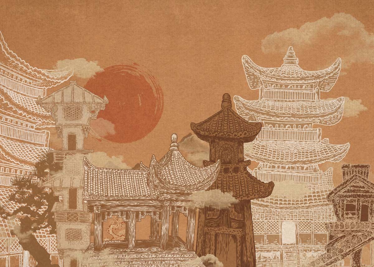 1200x857 Zen Drift, Vintage Japanese Architectural Dreamscape Mural