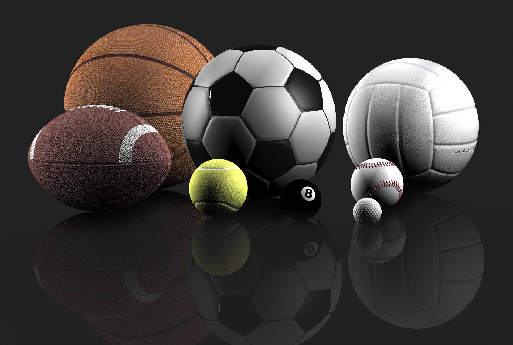 1690x1136 Download Sports Balls Reflection Black Wallpaper