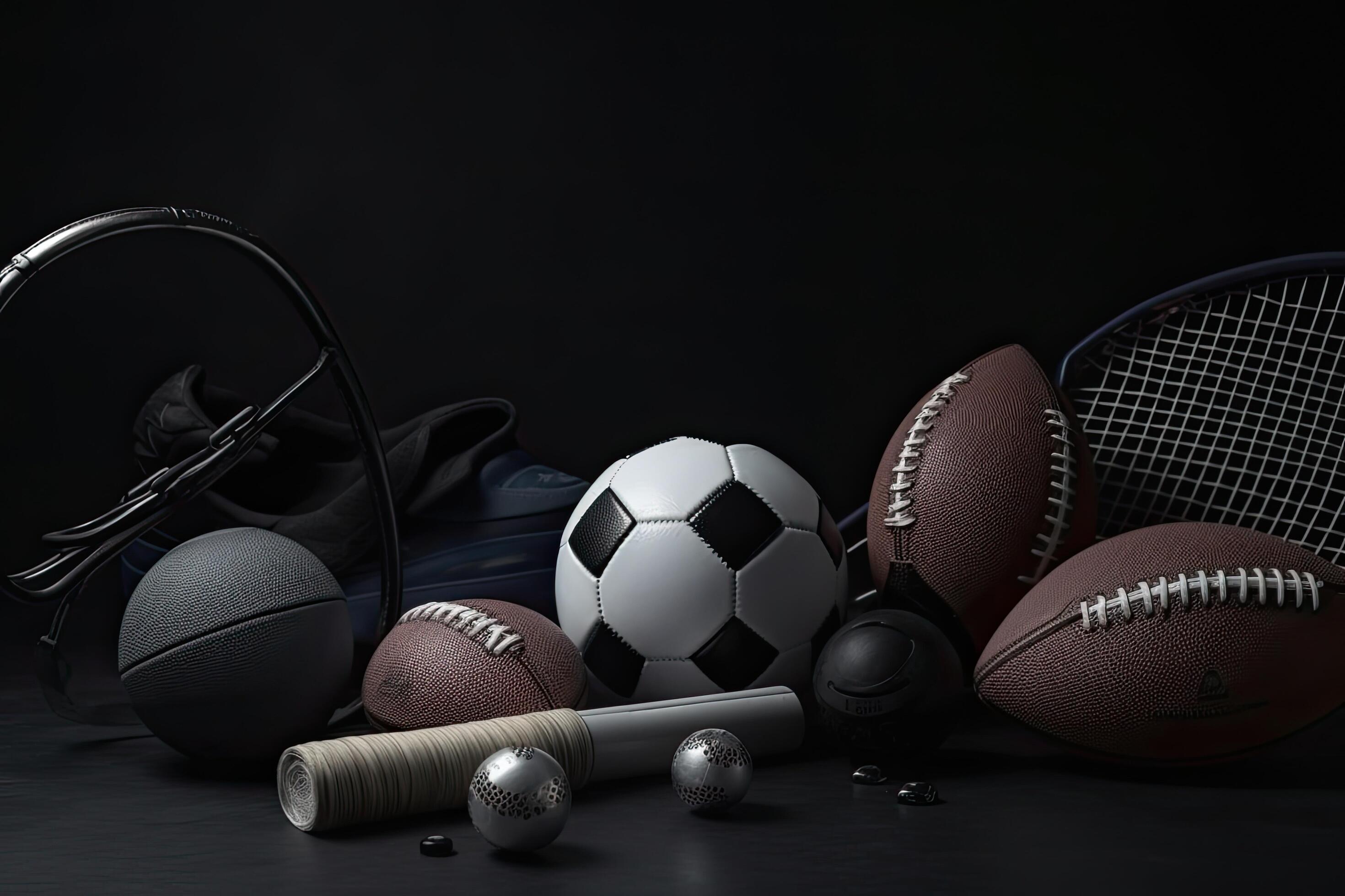 2940x1960 Sports equipment on a black background. Sport concept. Copy space. Sports Equipment on a dark background
