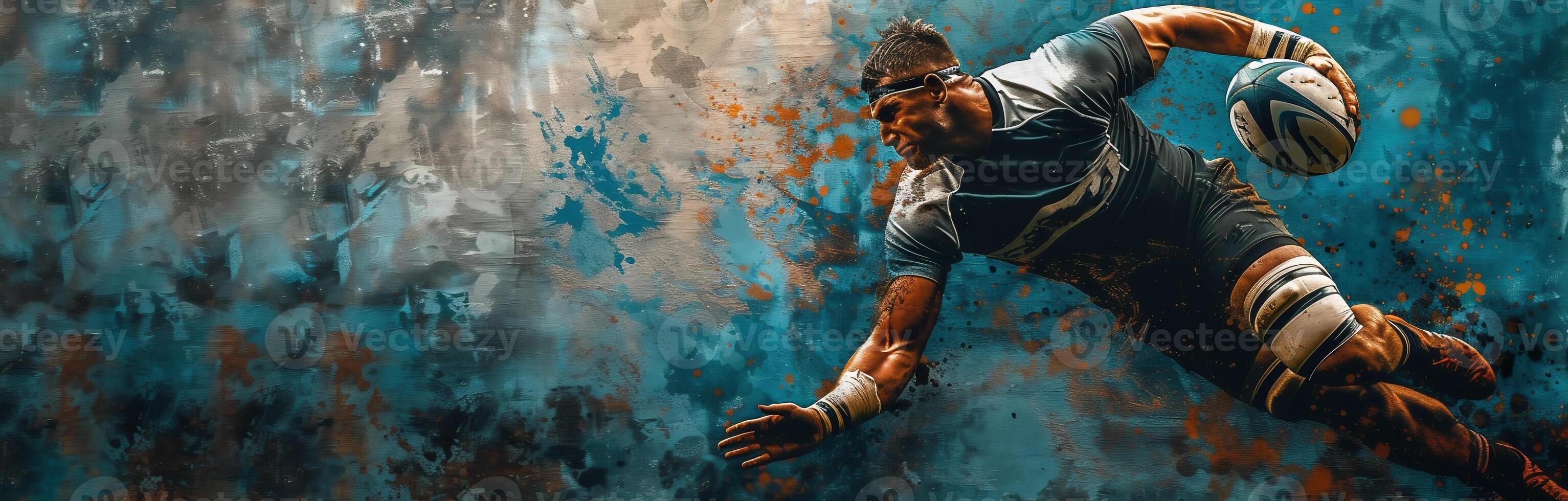 3066x980 AI Generated Man rugby player holds ball on dark background. Sports banner. Horizontal copy space background