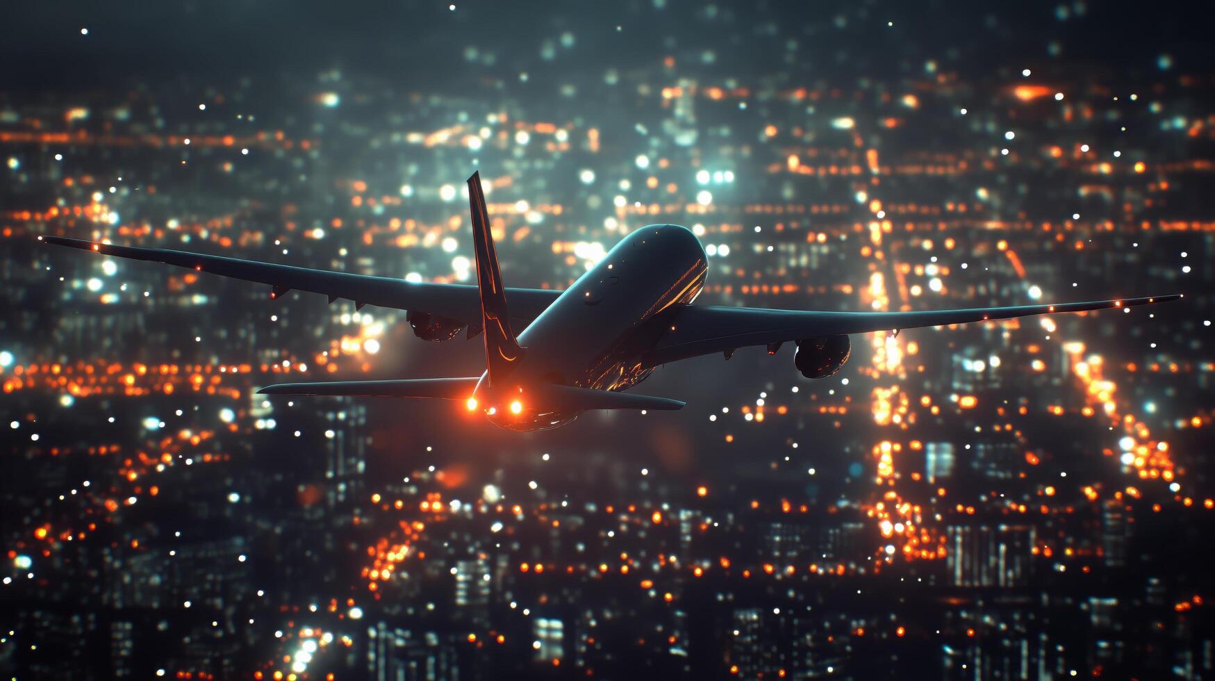 1749x980 Airplane flying over a vibrant city skyline at night with lights illuminating the dark sky
