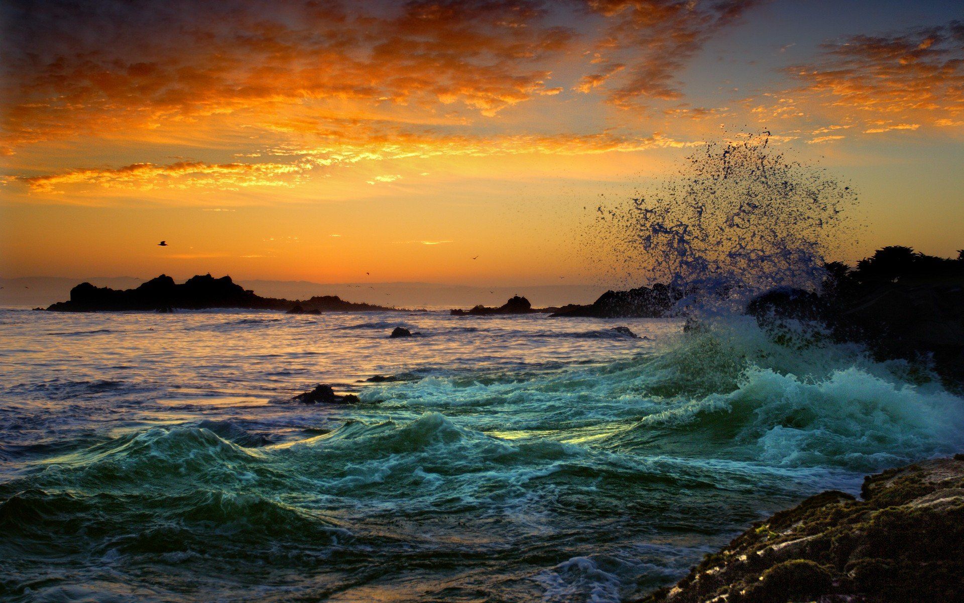 1920x1200 waves, Rock, Ocean, Sunset, Nature Wallpaper HD / Desktop and Mobile Background