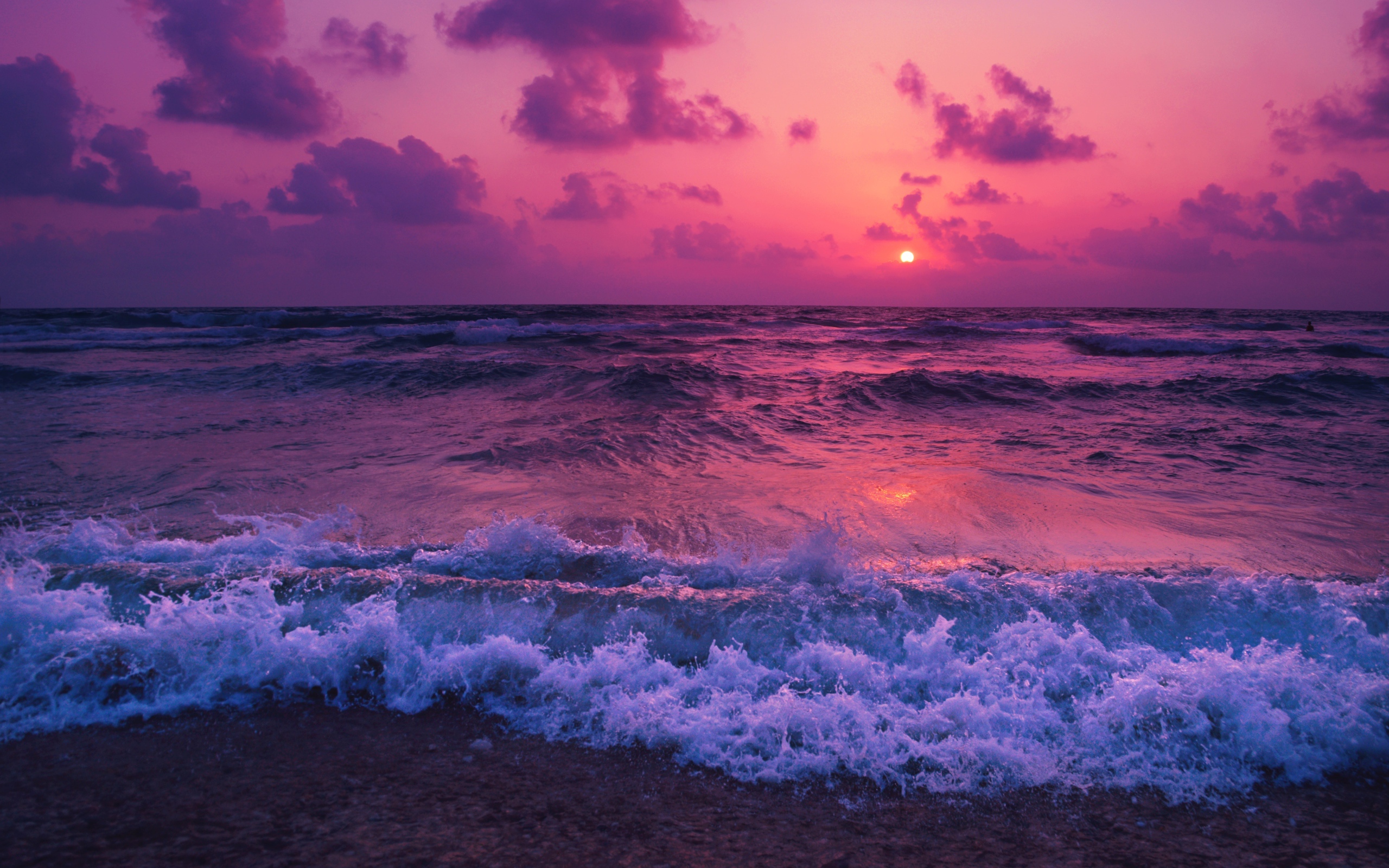 2560x1600 Raging waves on the shore against a purple sunset Desktop wallpaper 2560x1600