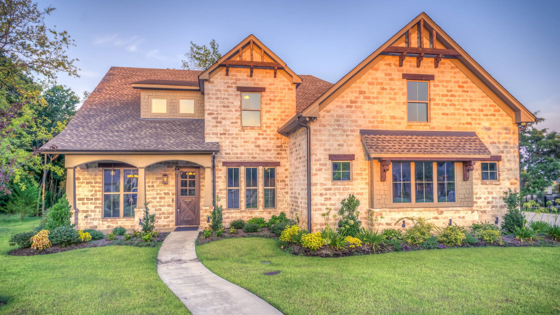 1920x1080 Download Brick Wall Beautiful House Trees Around Wallpaper