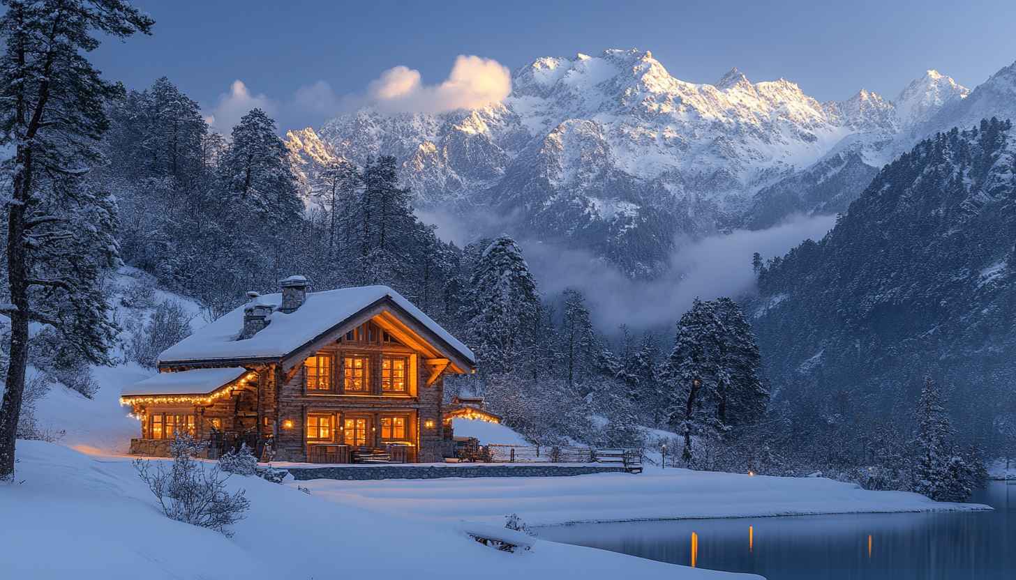 1456x832 Cozy Cabin in Snowy Mountains Wonderland 4K Wallpaper