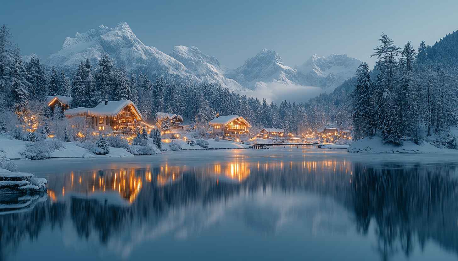 1456x832 Snowy Mountain Cabin Lake 4K HD Wallpaper for Desktop