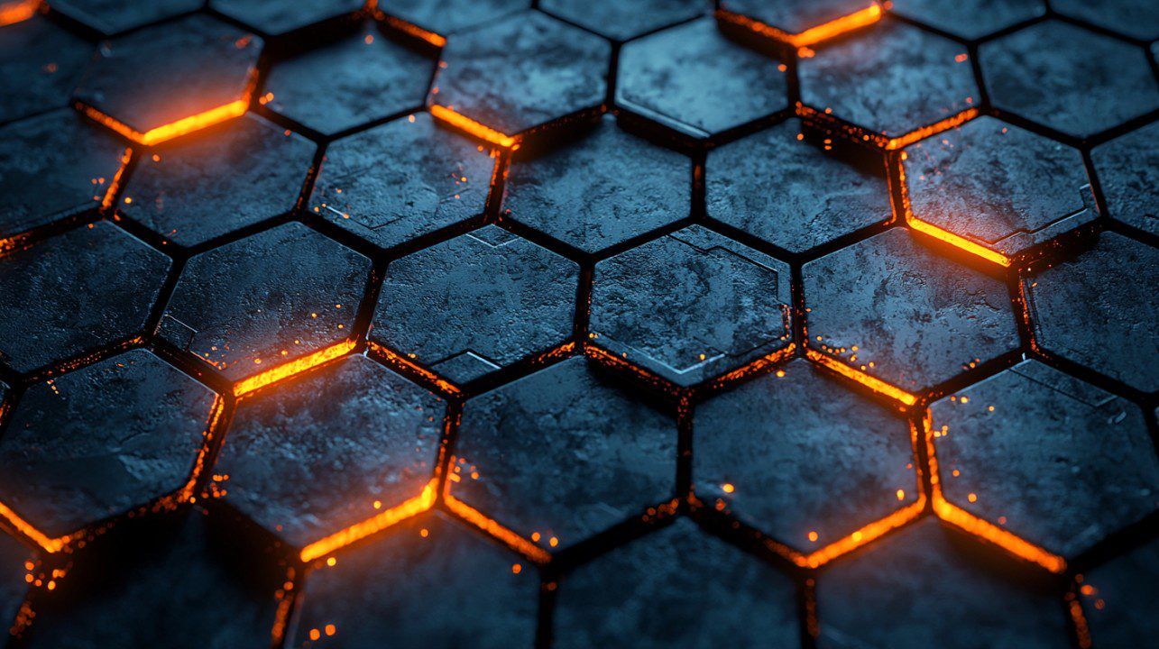 1285x720 Futuristic Hexagon Tech Background with Orange Glow