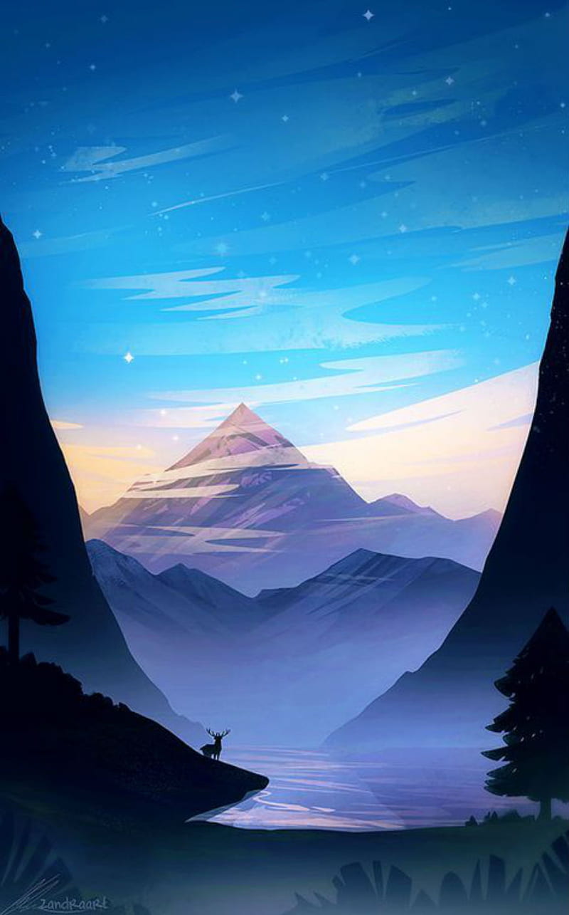 800x1285 Mountain view, deer, trees, lake, peak, blue, HD phone wallpaper