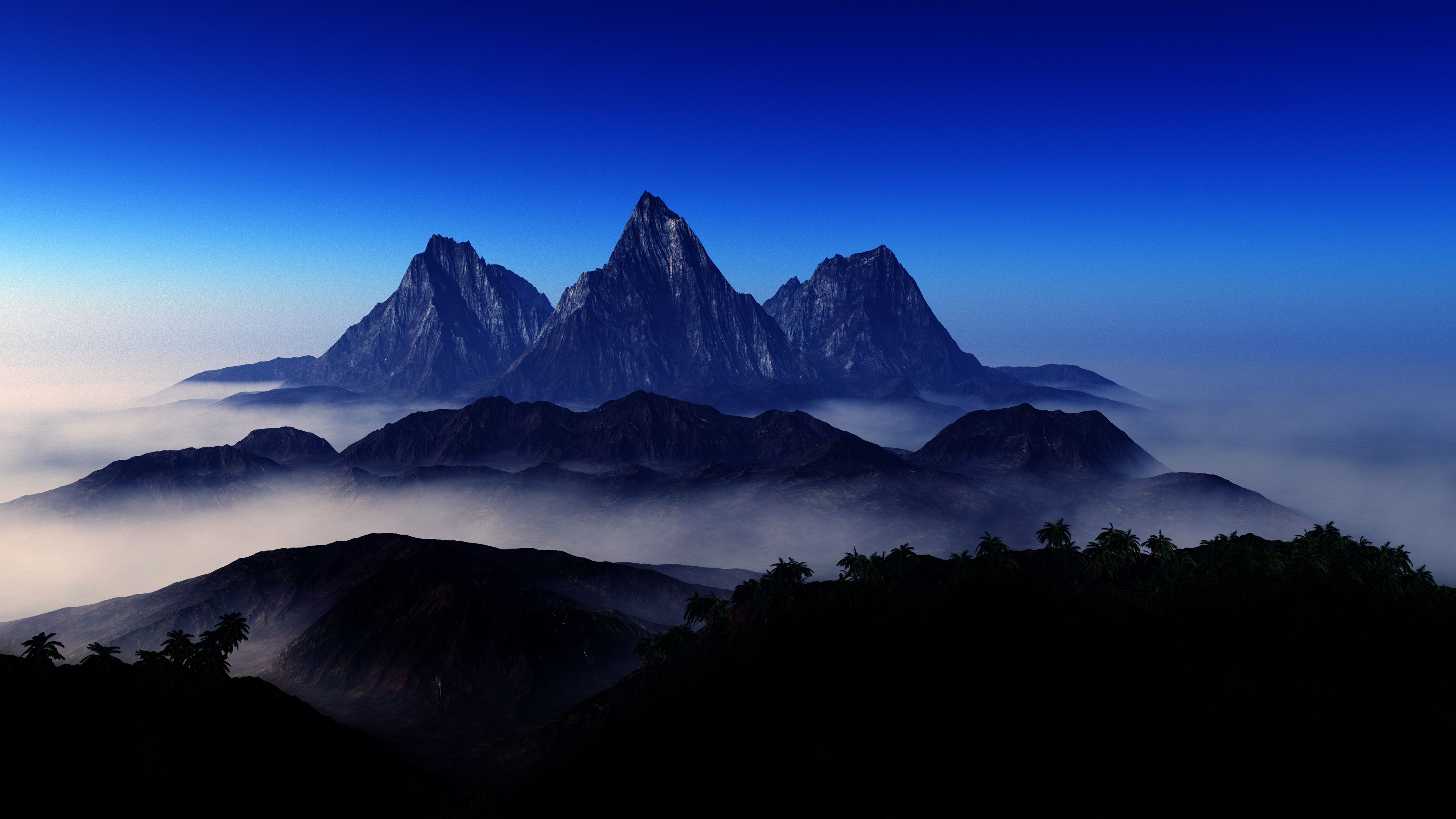 3840x2160 Mountain Peaks Wallpaper 4K, Foggy, Aerial view, Blue Sky