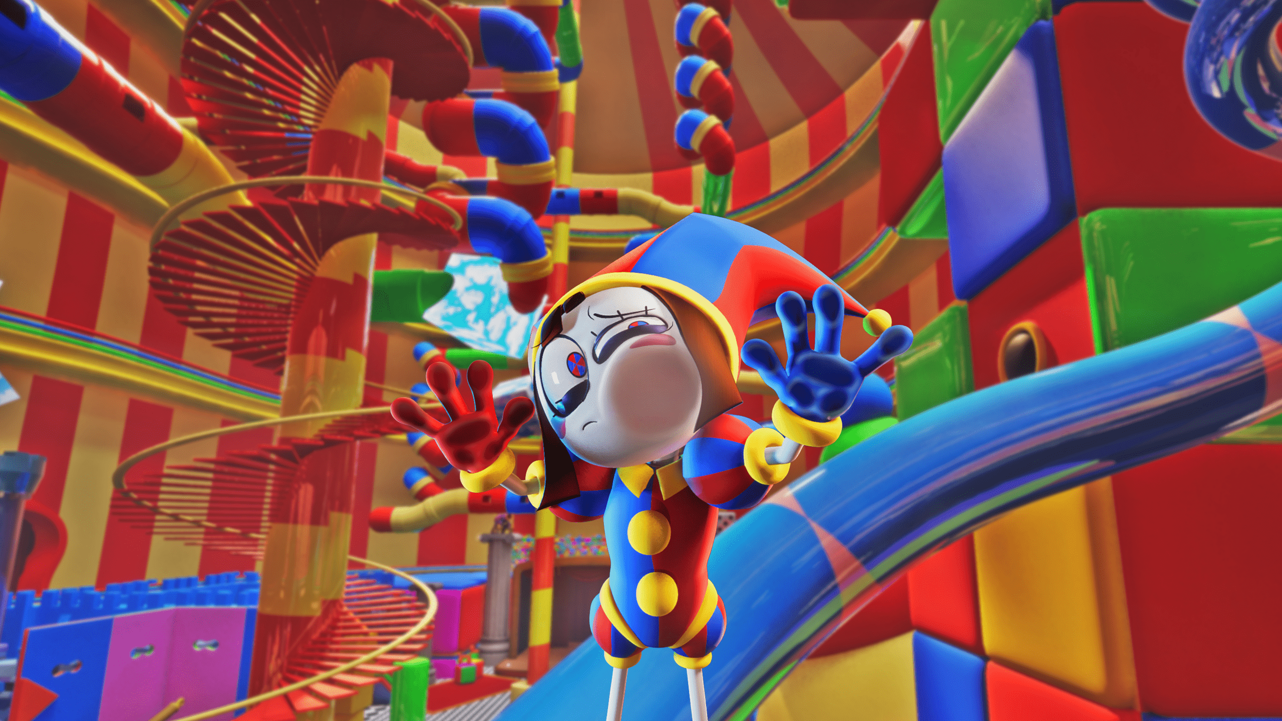 2560x1440 The Amazing Digital Circus Pomni wallpaper and a nice view of The Tent, taken from Glitch Production's previous YT banner about the TADC Pilot with the Pilot announcement removed