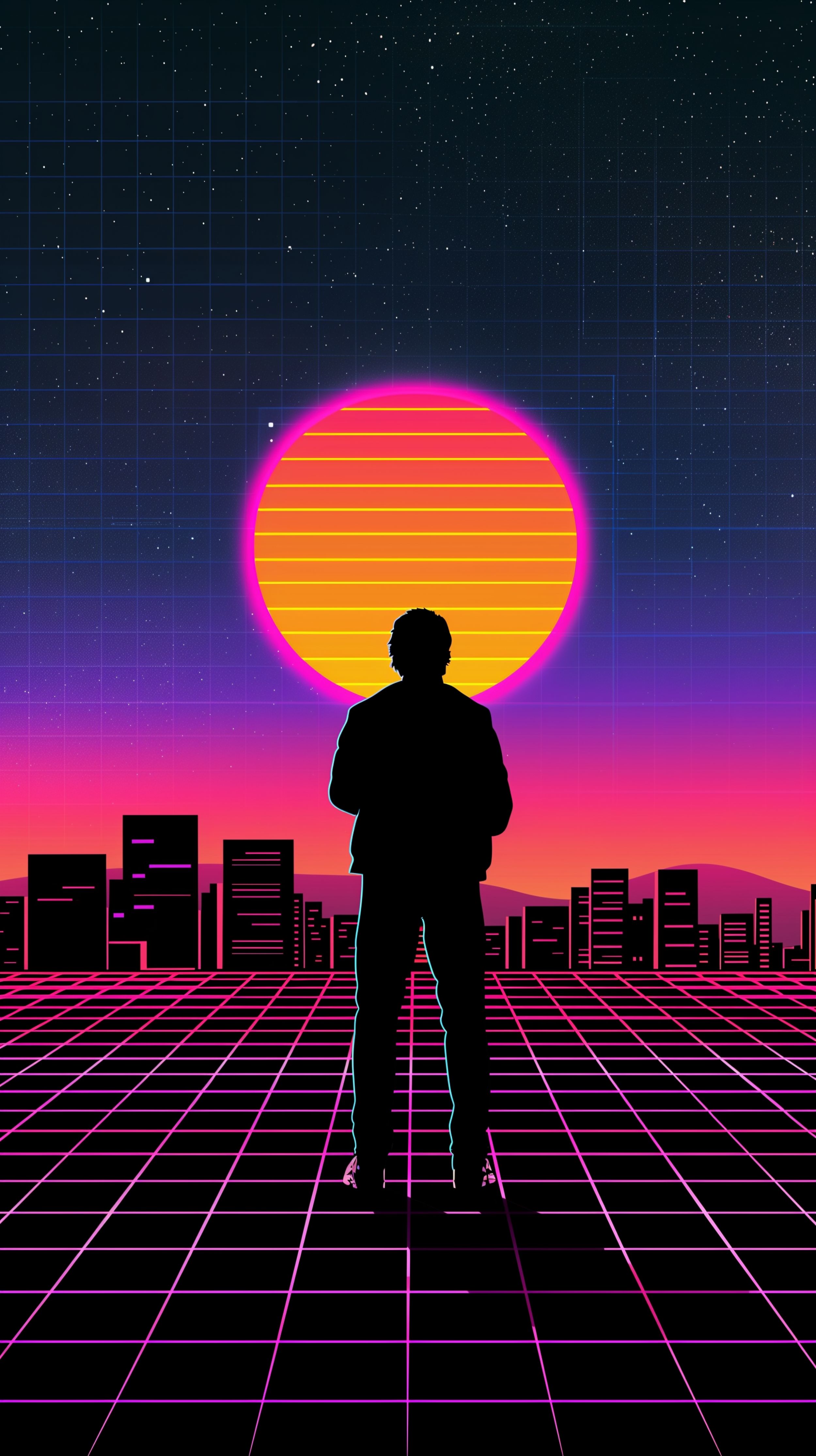 2500x4460 Retro 3D Synthwave Cyberpuink Sunset Silhouette