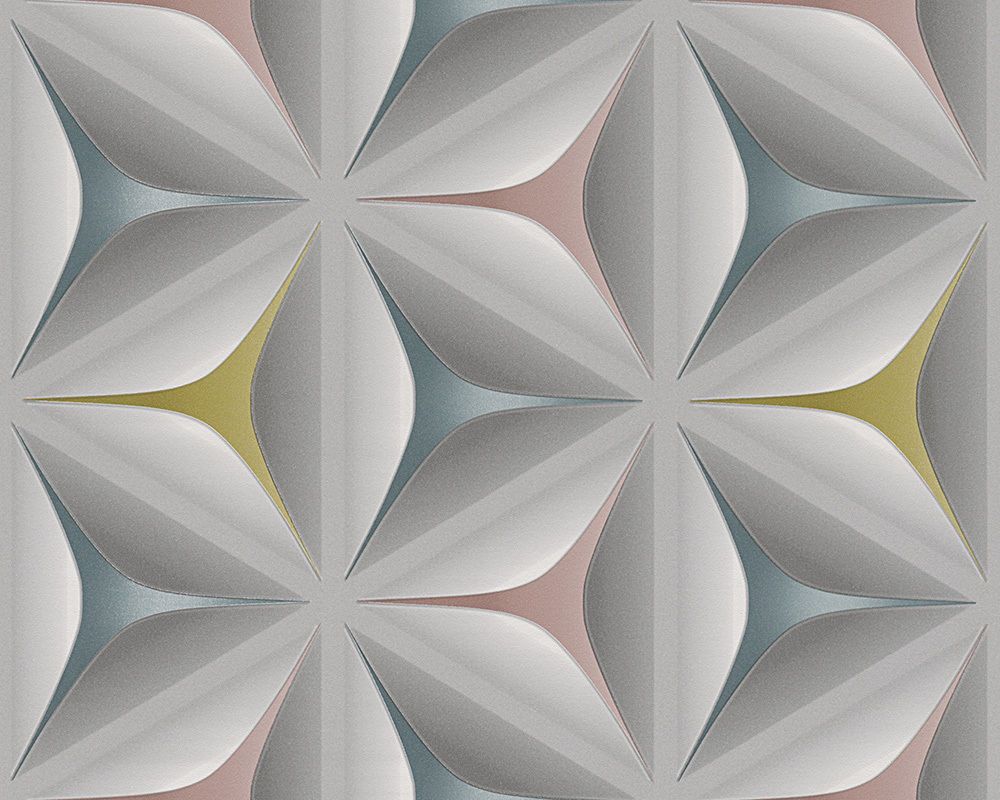 1000x800 3D Geometric Wallpaper Retro Vintage Abstract Embossed Flower Grey Teal Olive