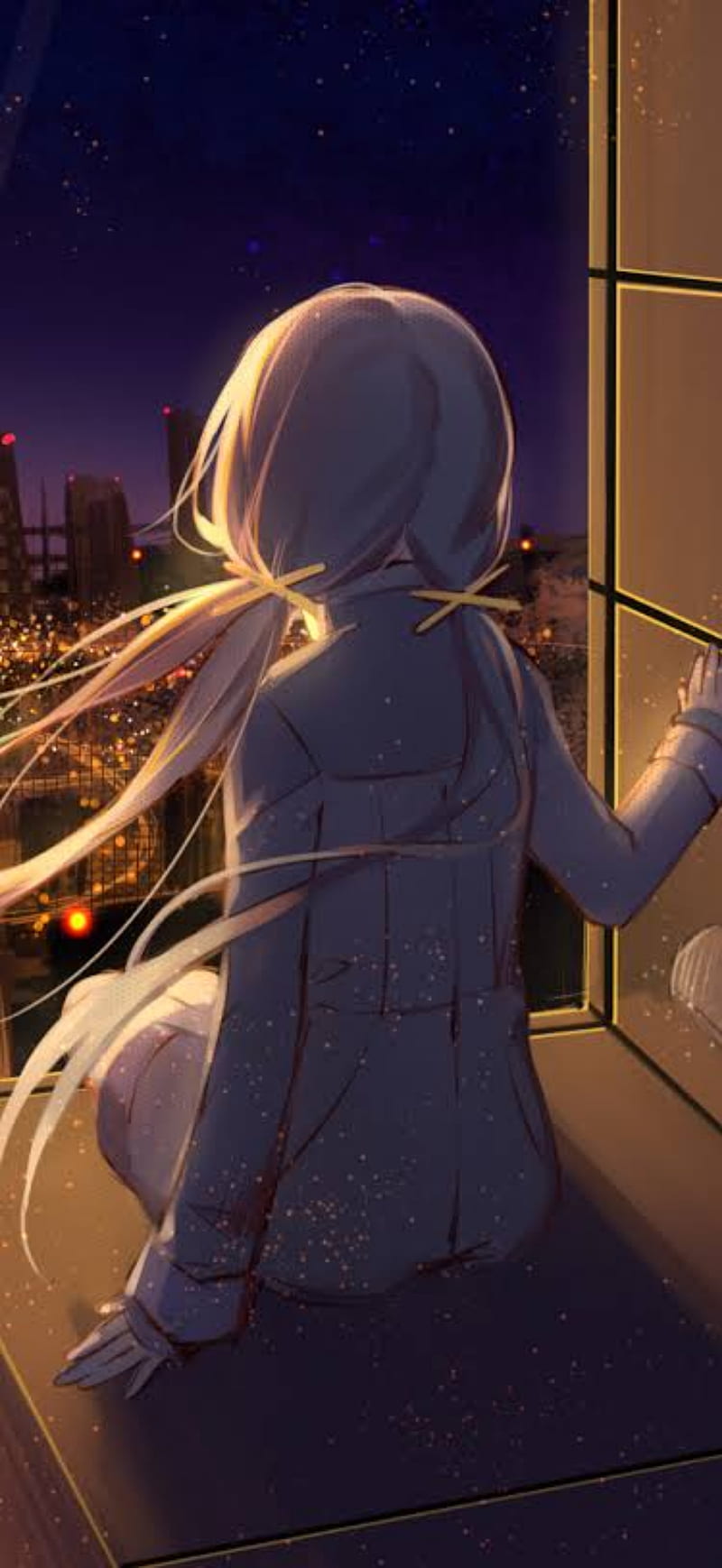 800x1738 Anime girl, alone, dark, night, star, town, universe, HD phone wallpaper