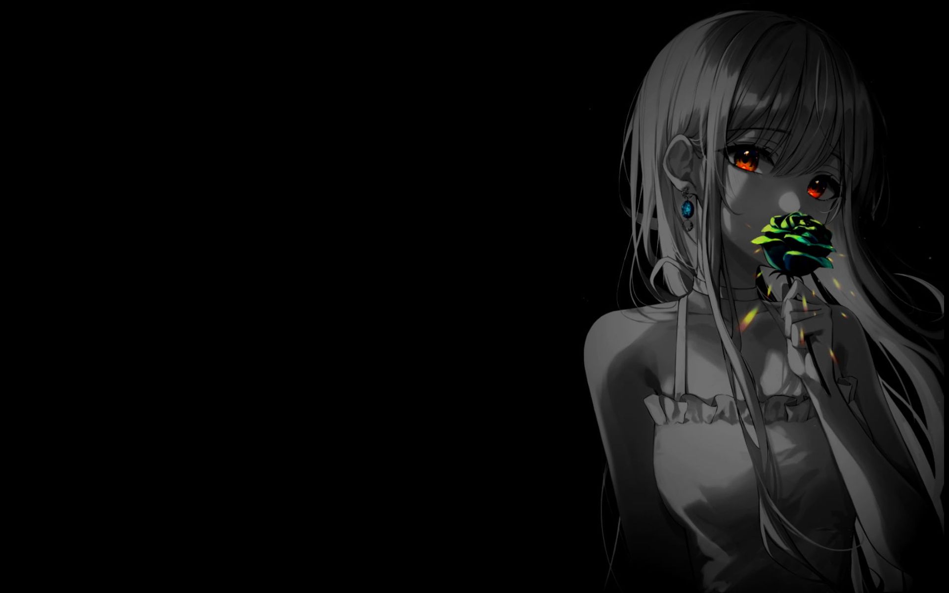 1920x1200 Wallpaper flowers, the dark background, roses, anime, beautiful girl, anime, monochrome, monochrome for mobile and desktop, section сёнэн, resolution 1920x1200