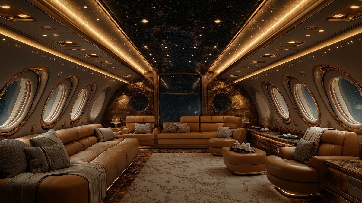 1200x673 Luxury Airplane Interior Mural Wallpaper in Living Room. Various Colors (Gold, White, etc.) of Airplane Interior