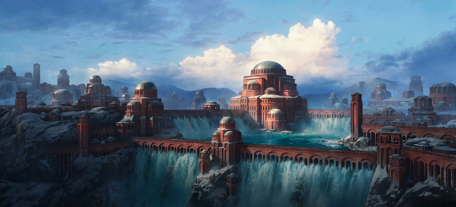 1920x873 Fantasy Cityscape: Epic HD Wallpaper of a Majestic Medieval Metropolis