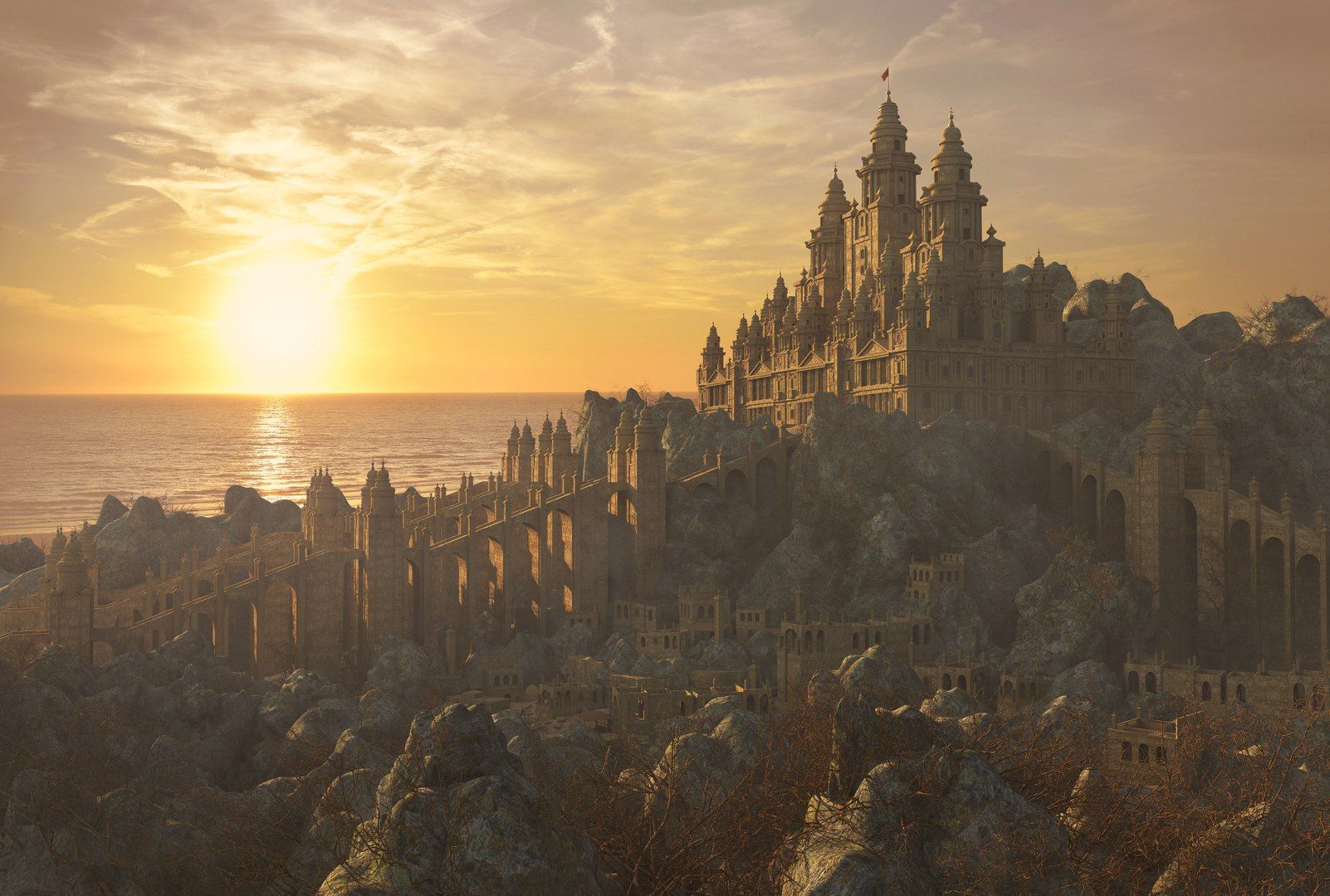 1602x1080 Sunset Fantasy Ancient City Castle 3D Model