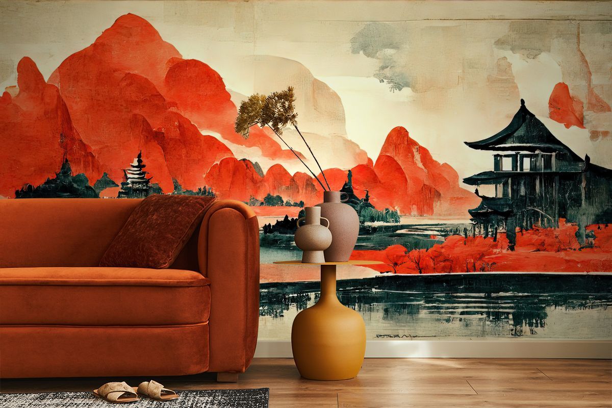 1200x800 Traditional Chinese Painting Red Landscape Mural Wallpaper®