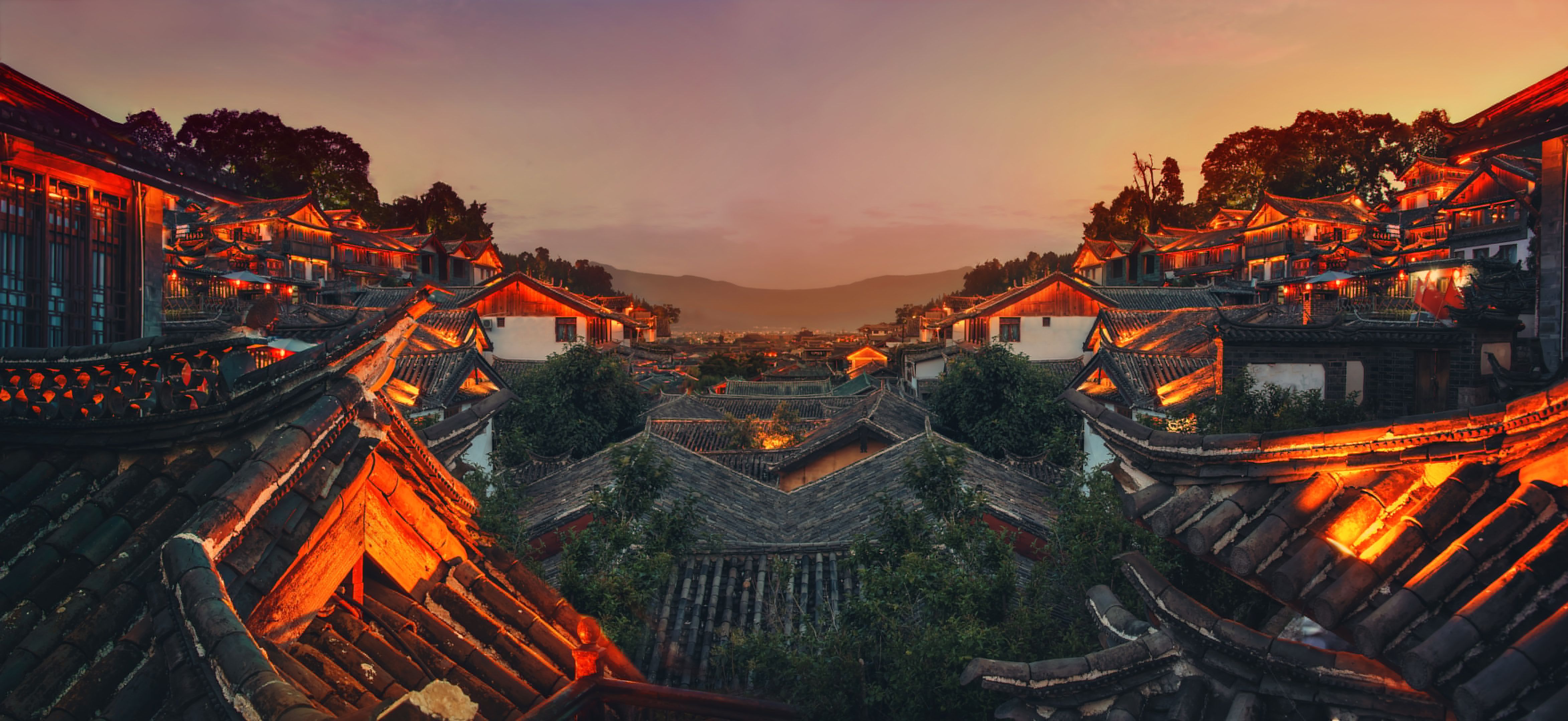 4694x2160 Wallpaper roof, the sky, mountains, night, the city, lights, China, China for mobile and desktop, section пейзажи, resolution 4694x2160
