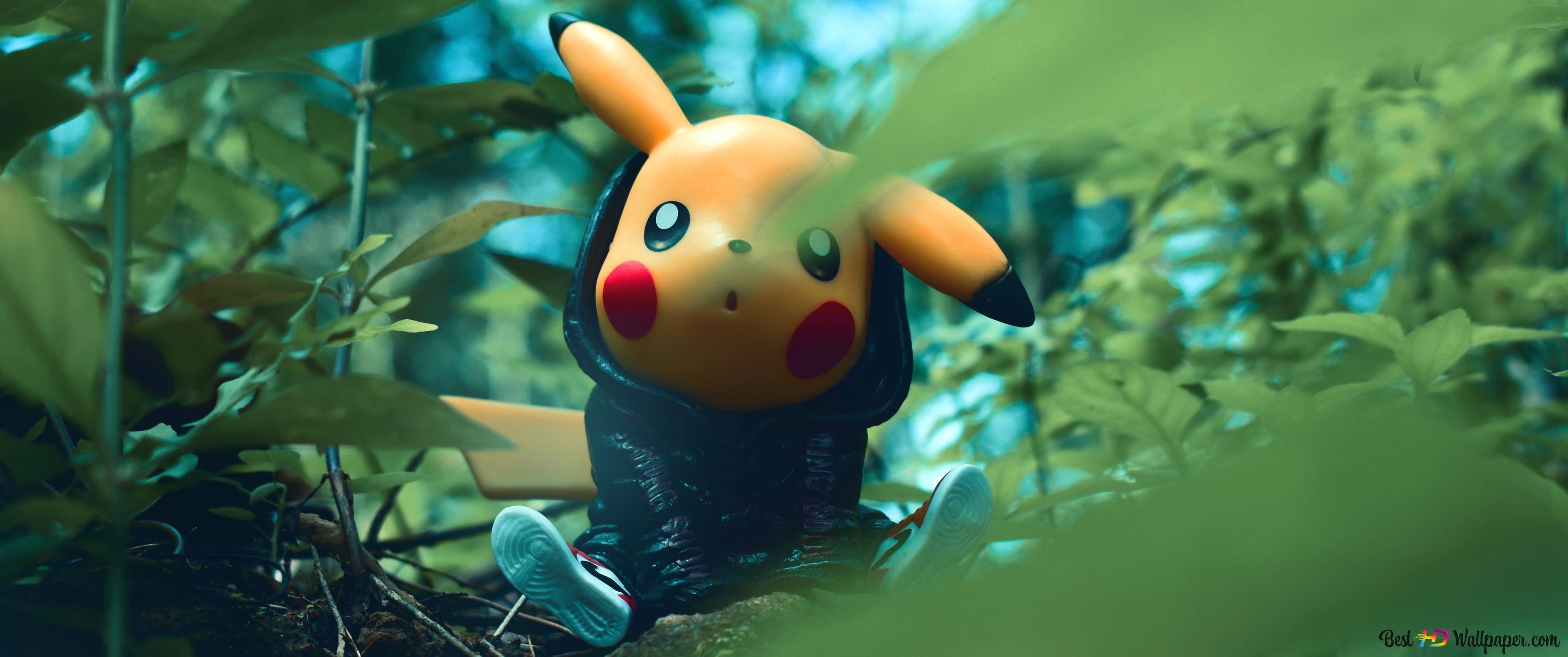 3440x1440 Pikachu toy behind the leafs, Pokemon 4K wallpaper download