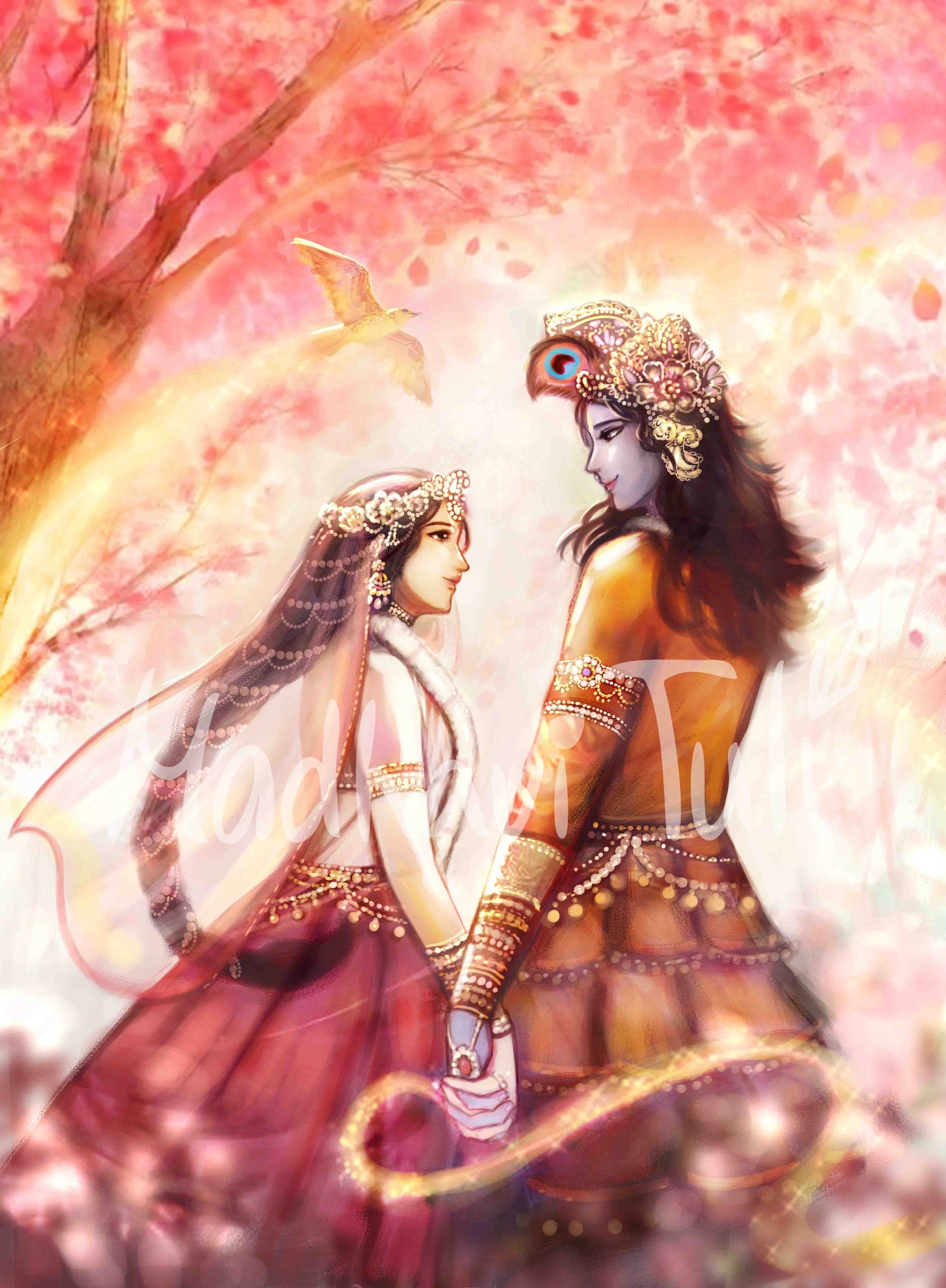 2205x3000 HD File Shri Krishna with Shri Radha with wonderful bird 4k High quality wallpaper Bhakti Yoga Hare Krishna
