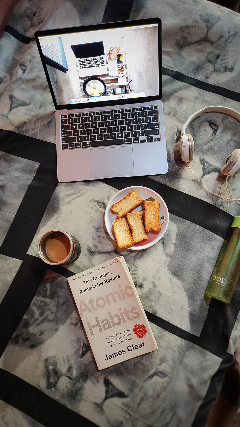 800x1423 Flatlay, atomic habits, kalyan kapse, macbook air, tea, toast, HD phone wallpaper
