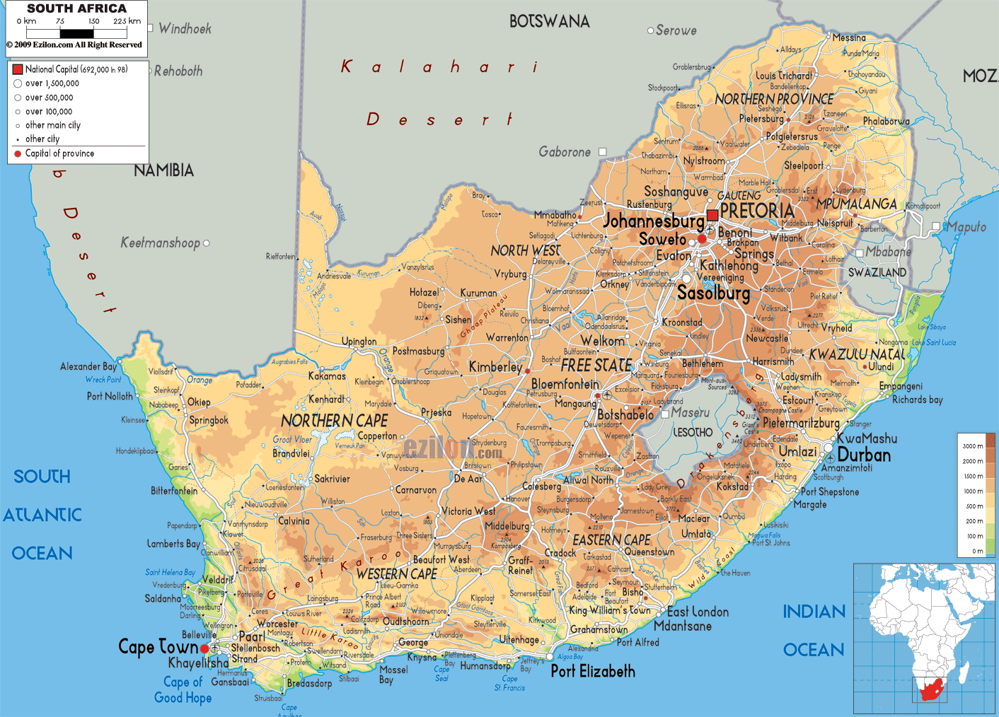 1412x1014 Physical Map of South Africa