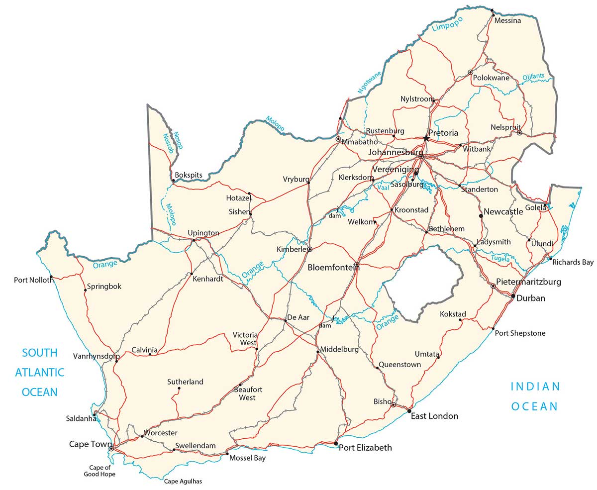 1200x985 Map of South Africa and Roads