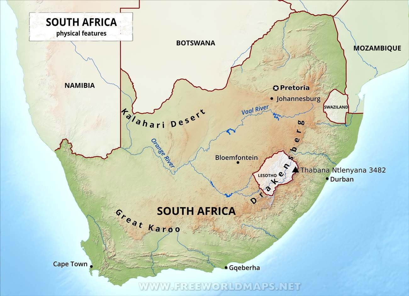 1300x942 South Africa Physical Map